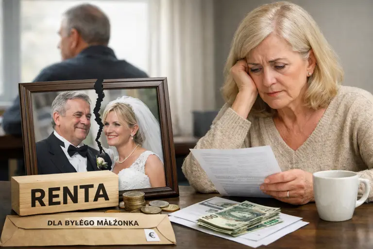 Kobieta analizuje dokumenty dotyczące renty dla byłego małżonka po rozwodzie, w tle rozbite zdjęcie ślubne i pieniądze