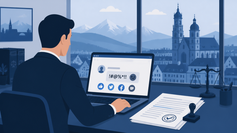 Osoba w kancelarii prawnej analizuje na laptopie obraźliwy komentarz internetowy i zabezpieczone wydruki dowodów, w tle panorama Małopolski symbolizująca pomoc adwokata z Krakowa i Nowego Targu przy naruszeniu dóbr osobistych w internecie