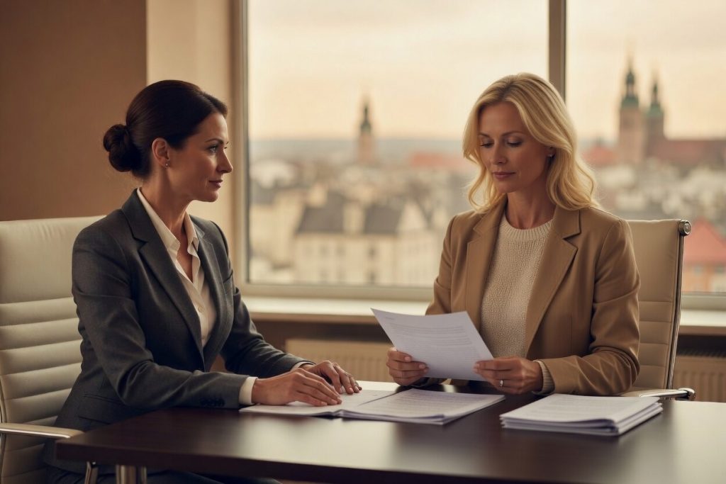 Adwokatka w Krakowie prowadzi spokojną konsultację z klientką przy biurku w eleganckim biurze z widokiem na Wawel. Fotorealistyczne zdjęcie do artykułu prawniczego.