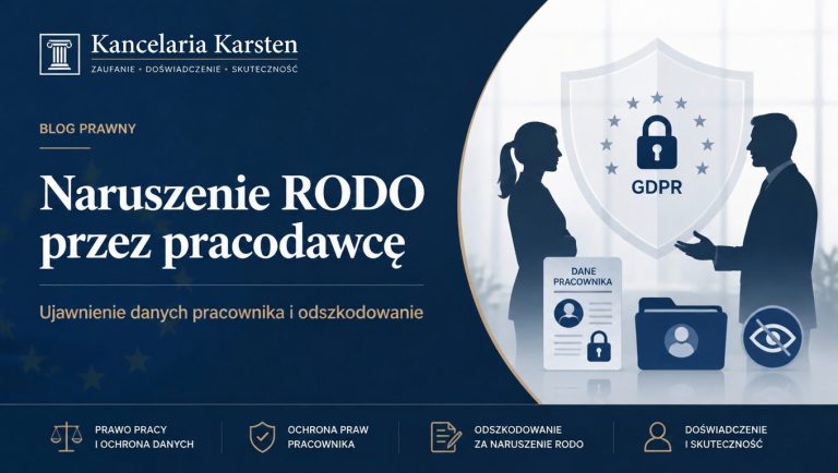 Naruszenie RODO przez pracodawcę – Kancelaria Karsten. Baner przedstawiający ochronę danych osobowych pracownika, tarczę z symbolem GDPR, sylwetki kobiety i mężczyzny oraz ikony dokumentów i zabezpieczeń.