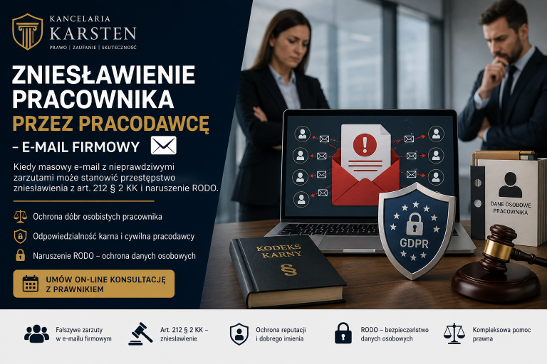 Grafika przedstawiająca zniesławienie pracownika przez pracodawcę za pomocą masowego e-maila firmowego, naruszenie RODO oraz odpowiedzialność prawną za ujawnienie danych osobowych.