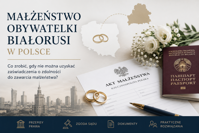 Małżeństwo obywatelki Białorusi w Polsce – akt małżeństwa, obrączki ślubne i białoruski paszport na tle dokumentów wymaganych do ślubu cudzoziemca.