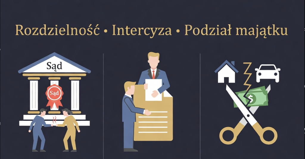 Porównanie trzech instytucji prawa rodzinnego: rozdzielność majątkowa ustanawiana przez sąd, intercyza notarialna oraz podział majątku wspólnego.