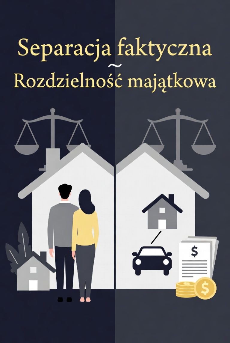 Ilustracja porównująca separację faktyczną małżonków z ustanowieniem rozdzielności majątkowej przez sąd. Po lewej stronie para stojąca plecami do siebie, po prawej podzielone aktywa majątkowe (dom, samochód, pieniądze).
