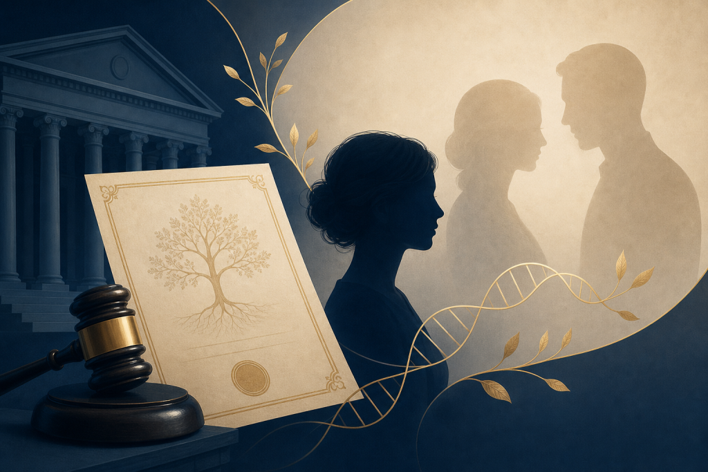 Symboliczna ilustracja przedstawiająca akt urodzenia, wagę sprawiedliwości i nić łączącą sylwetkę osoby dorosłej z sylwetką matki, ilustrująca prawo osoby adoptowanej do poznania biologicznego pochodzenia