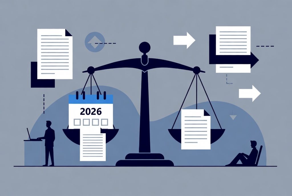 Ilustracja przedstawiająca wagi sprawiedliwości z kalendarzem 2026 i dokumentami, symbolizująca zmiany w prawie pracy. Sylwetki pracowników przy biurku i na krześle, strzałki wskazujące na nowe regulacje, w kolorystyce niebiesko-granatowej.